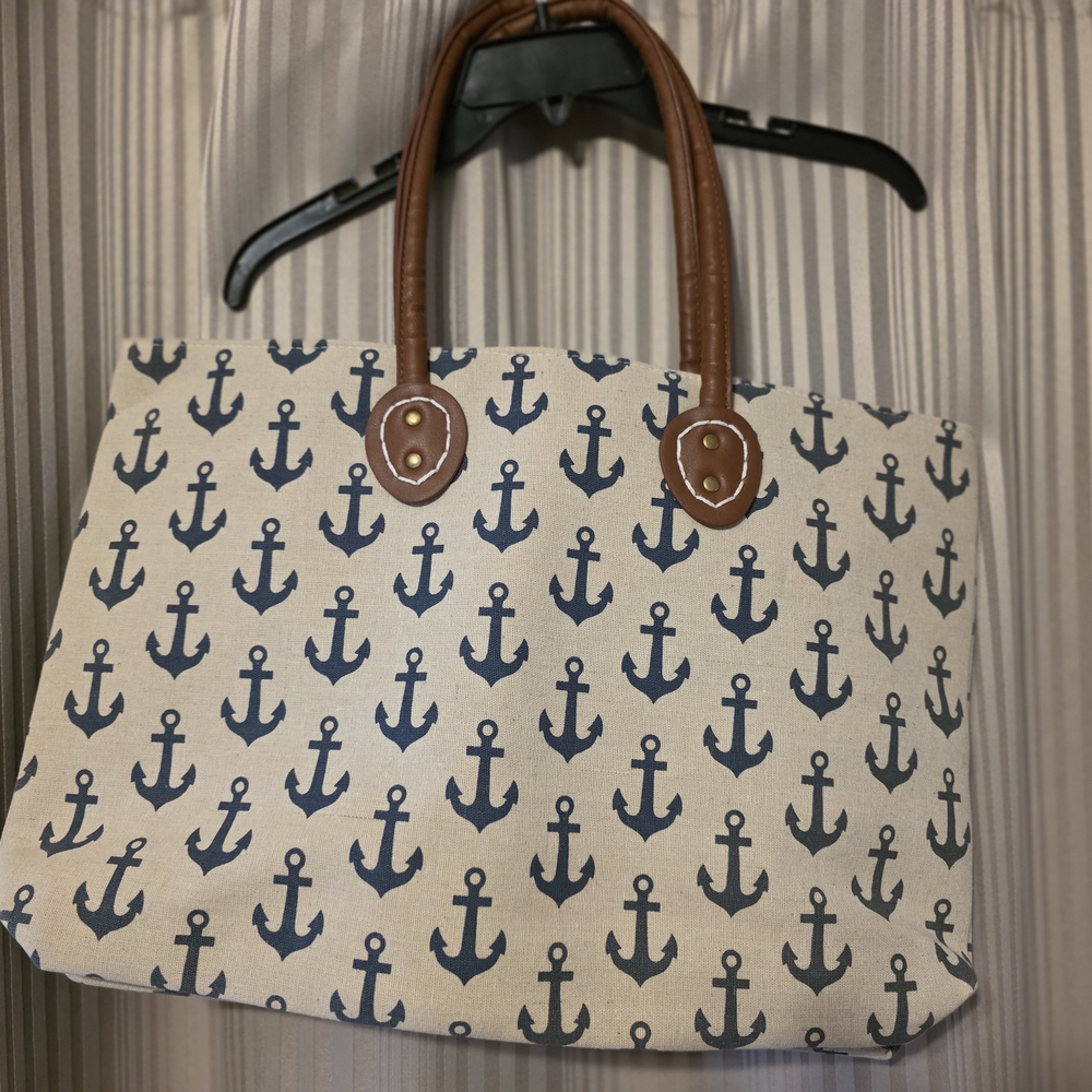 Anchor Print Tote Bag with Brown Handles